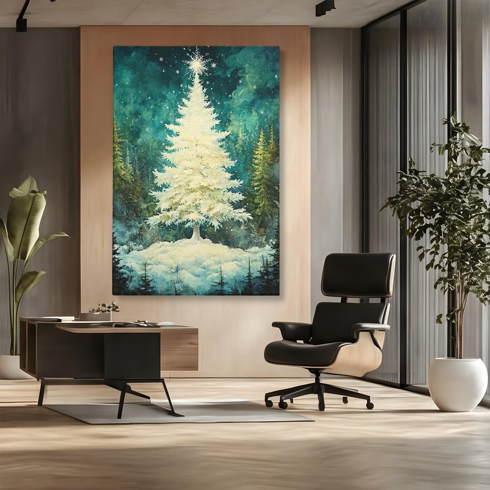 Tablou canvas cu pictura cu brad alb inzapezit, fara rama, pe sasiu de lemn, pe perete intr-un birou